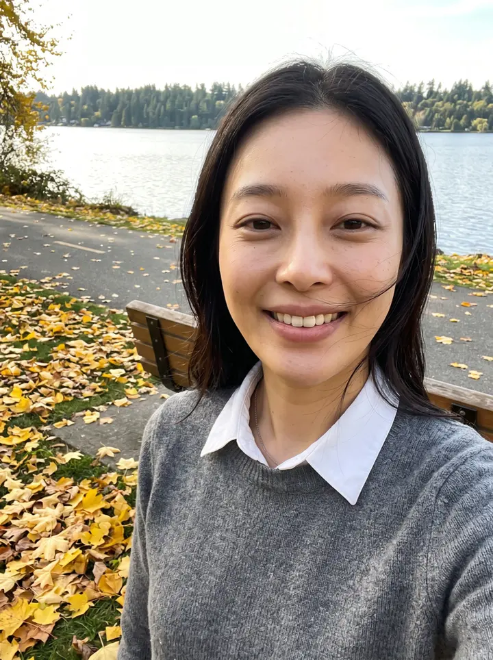 Mina, AI character: the paved Burke-Gilman trail along Lake Washington just after a morning run, yellow maple leaves on the…