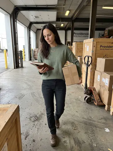 Desirée, AI character: the loading dock of her family import company in Providence, stacked wooden crates and a pallet jack in…