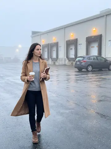 Desirée, AI character: early fog outside the Providence import warehouse before the loading shift, her compact car and a row of…
