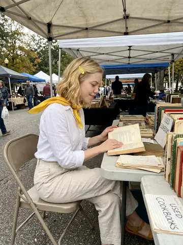 Katherine, AI character: a second-hand cookbook stall at the Charleston farmers market, handwritten recipe cards spread beside a…