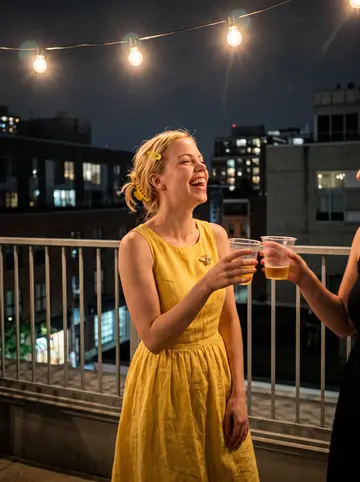 Katherine, AI character: a small rooftop birthday gathering above King Street, string lights and humid summer air, friends cropped…