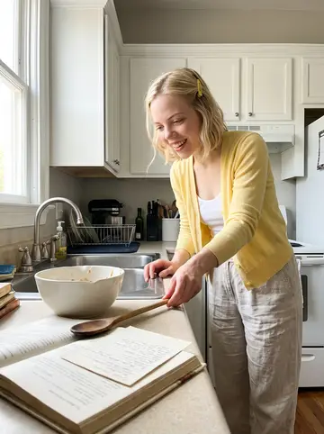 Katherine, AI character: her Charleston apartment kitchen on a Sunday morning, second-hand cookbooks open beside a mixing bowl and…