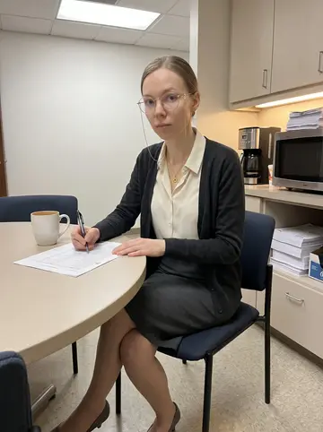 Olena, AI character: the small break room of the Portland law firm after hours, copier paper stacked near a microwave and a…