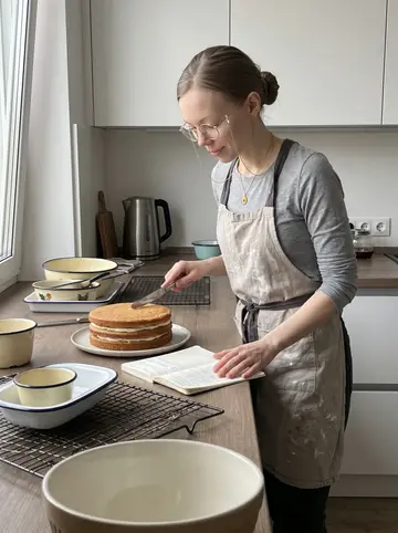 Olena, AI character: her apartment kitchen on a bright Sunday morning, vintage enamel bakeware on the counter, a bowl of honey…