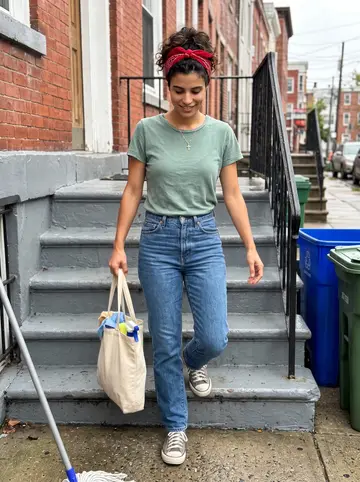 Aline, AI character: outside a Newark row house after a cleaning job, grey stoop, recycling bins and wet sidewalk nearby