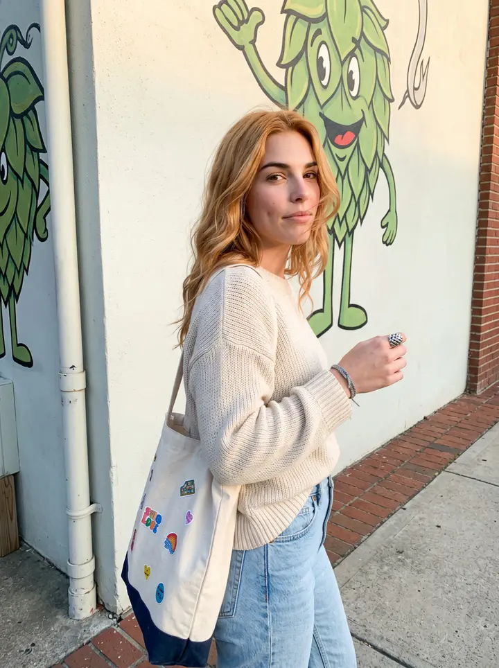 Meghan, AI character: outside the craft brewery in Asheville at golden hour, standing beside a painted hop mascot mural she…