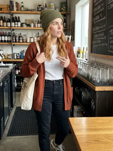 Meghan, AI character: inside the brewery taproom before opening, standing near a chalkboard menu and stacks of clean pint glasses