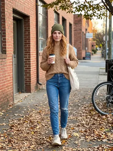Meghan, AI character: a leaf-covered sidewalk in Asheville's River Arts District, walking past brick workshop buildings with a…