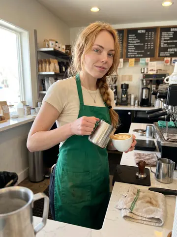 Maria, AI character: the espresso bar of her Minneapolis café after the morning rush, steam wand and milk pitchers nearby
