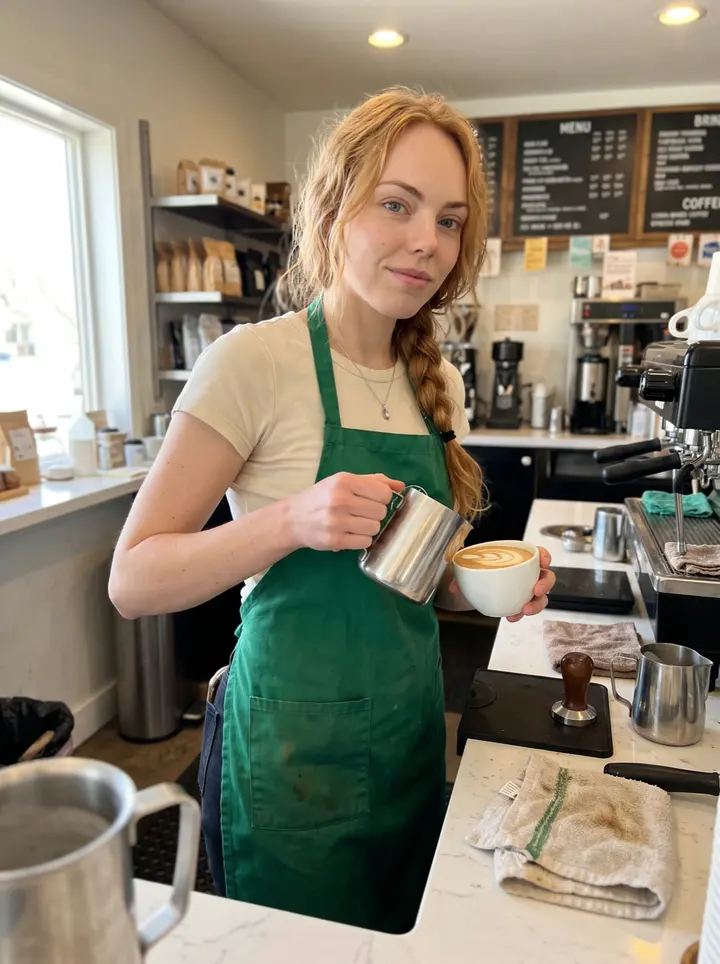 Maria, AI character: the espresso bar of her Minneapolis café after the morning rush, steam wand and milk pitchers nearby