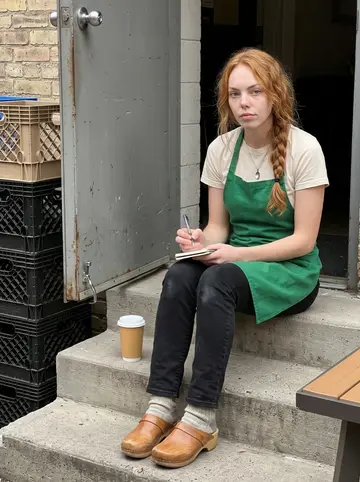 Maria, AI character: back steps behind the Minneapolis café during a short break, delivery crates and a metal door behind her