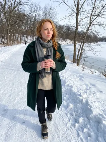 Maria, AI character: a snowy path near Lake of the Isles in Minneapolis, frozen water and bare trees behind her