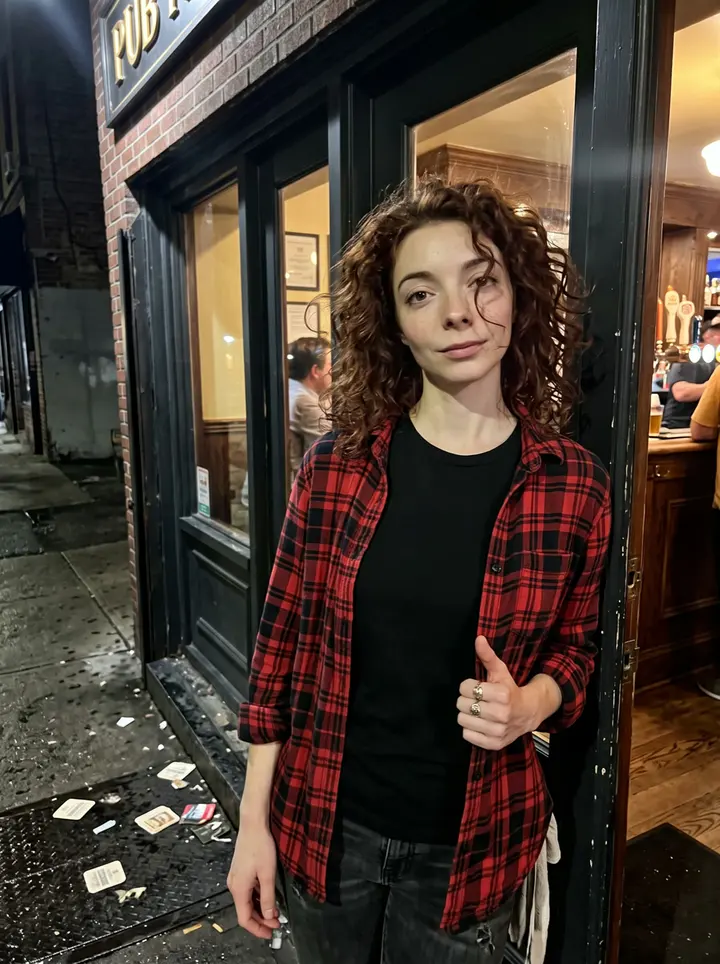 Siobhán, AI character: outside the narrow side doorway of the Queens pub after the quiz semifinal, warm light spilling from…