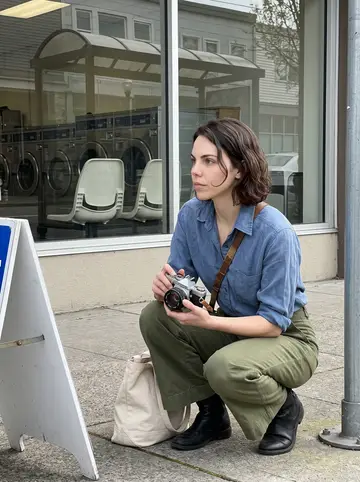 Victoria, AI character: outside a Portland laundromat near a bus stop, kneeling beside a stranger's tote bag while photographing…