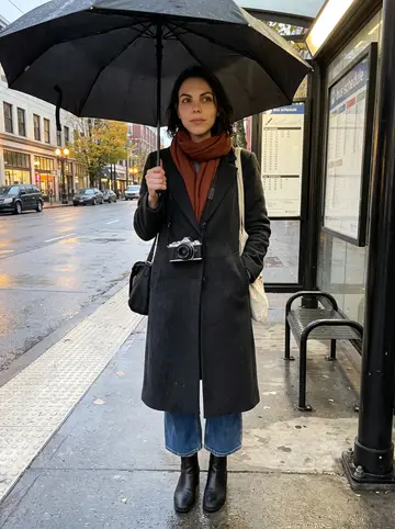 Victoria, AI character: a rainy Portland bus stop on Burnside, wet pavement reflecting the shelter lights as she waits with a tote…