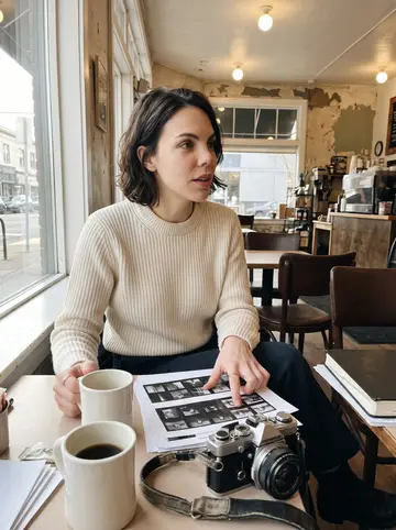 Victoria, AI character: a small cafe in northeast Portland, contact sheets and a notebook spread beside a mug of coffee by the window