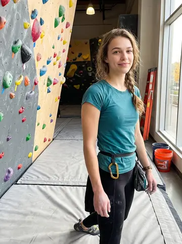 Kirsty, AI character: a Toronto climbing gym near the bouldering wall, crash mats and colored holds behind her after an…
