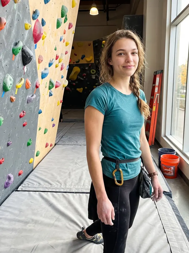 Kirsty, AI character: a Toronto climbing gym near the bouldering wall, crash mats and colored holds behind her after an…