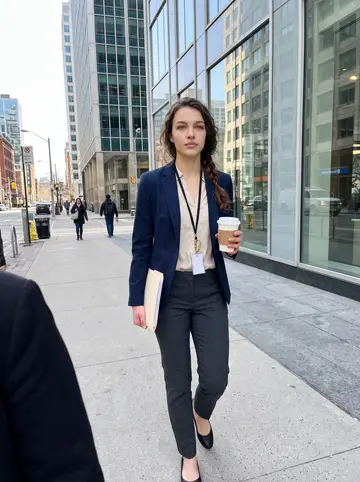 Kirsty, AI character: outside a glass office building in downtown Toronto during a quick lunch break from the law firm