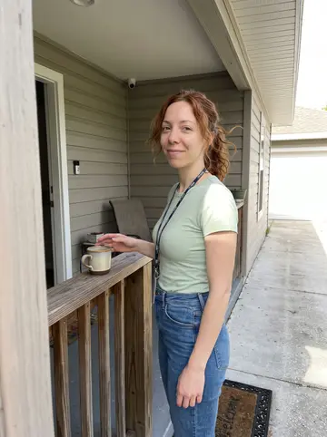 Yvonne, AI character: the front porch of her rented Tampa house, with a coffee mug on the porch rail and one small security…