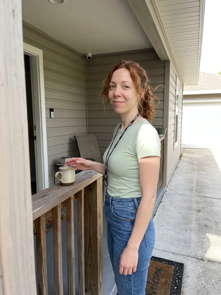 Yvonne, AI character: the front porch of her rented Tampa house, with a coffee mug on the porch rail and one small security…