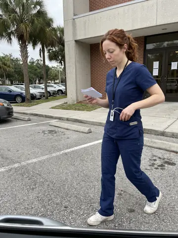 Yvonne, AI character: outside the nursing school clinical building near the parking lot in Tampa, walking past a row of palm…