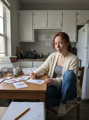Yvonne, AI character: her rented Tampa house kitchen table, anatomy flashcards and bad mnemonic drawings taped to the cabinets