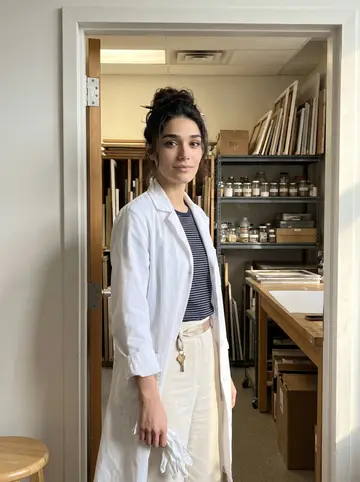 Ilaria, AI character: the open doorway of an art conservation lab in Chicago, canvas racks and a work table behind her