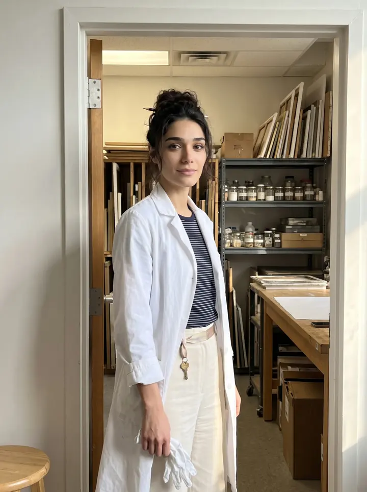 Ilaria, AI character: the open doorway of an art conservation lab in Chicago, canvas racks and a work table behind her