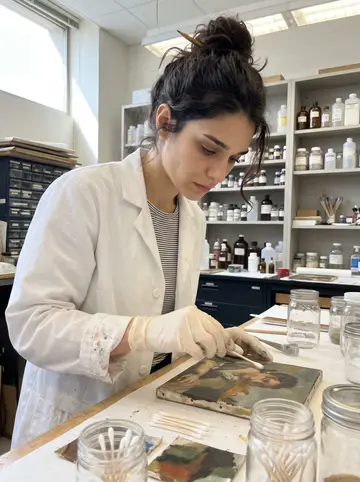 Ilaria, AI character: a conservation workbench at the university lab, tiny canvas samples laid out beside glass jars and cotton…