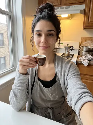 Ilaria, AI character: her small Chicago apartment kitchen in the morning, moka pot on the stove and a floured cutting board…