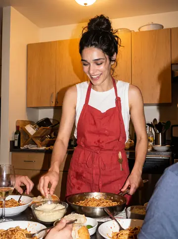 Ilaria, AI character: her one-bedroom flat during Sunday pasta supper, crowded kitchen table covered with bowls of pasta and…