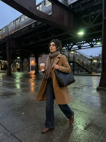 Ilaria, AI character: under the Chicago L tracks at dusk after light rain, wet pavement reflecting the train lights