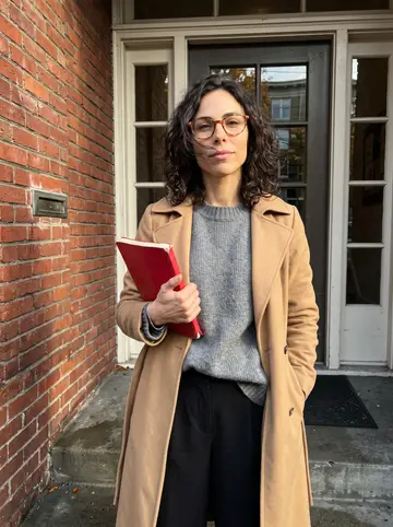 Lidia, AI character: outside her brick Seattle apartment building near Capitol Hill, the front steps still damp from earlier rain