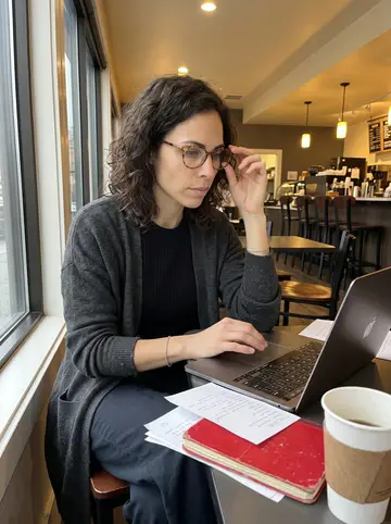 Lidia, AI character: a small Seattle coffee shop near her apartment, sitting by the window with translation notes open