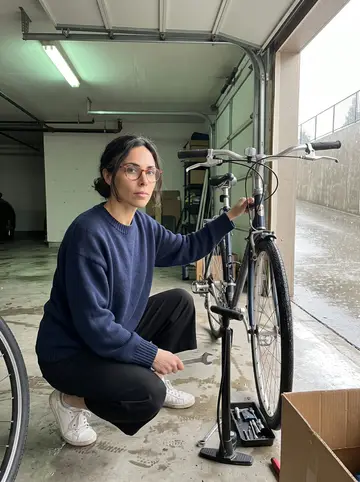 Lidia, AI character: the covered bike repair corner in her apartment building garage, rain visible beyond the open door