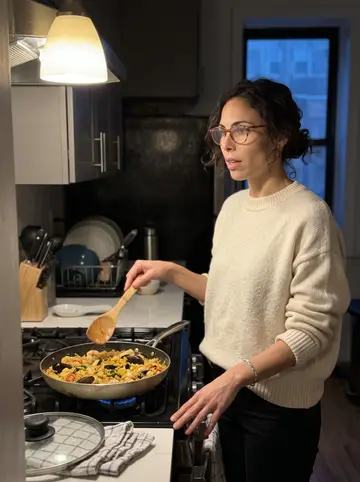 Lidia, AI character: a friend's small apartment kitchen in Seattle, a shallow pan of slightly uneven paella on the stove