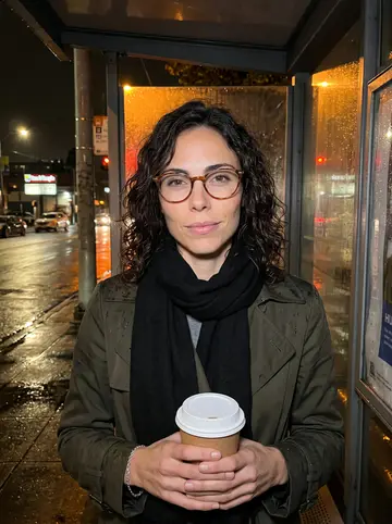 Lidia, AI character: under an awning at a Seattle bus stop after a translation client meeting, wet streetlights behind her