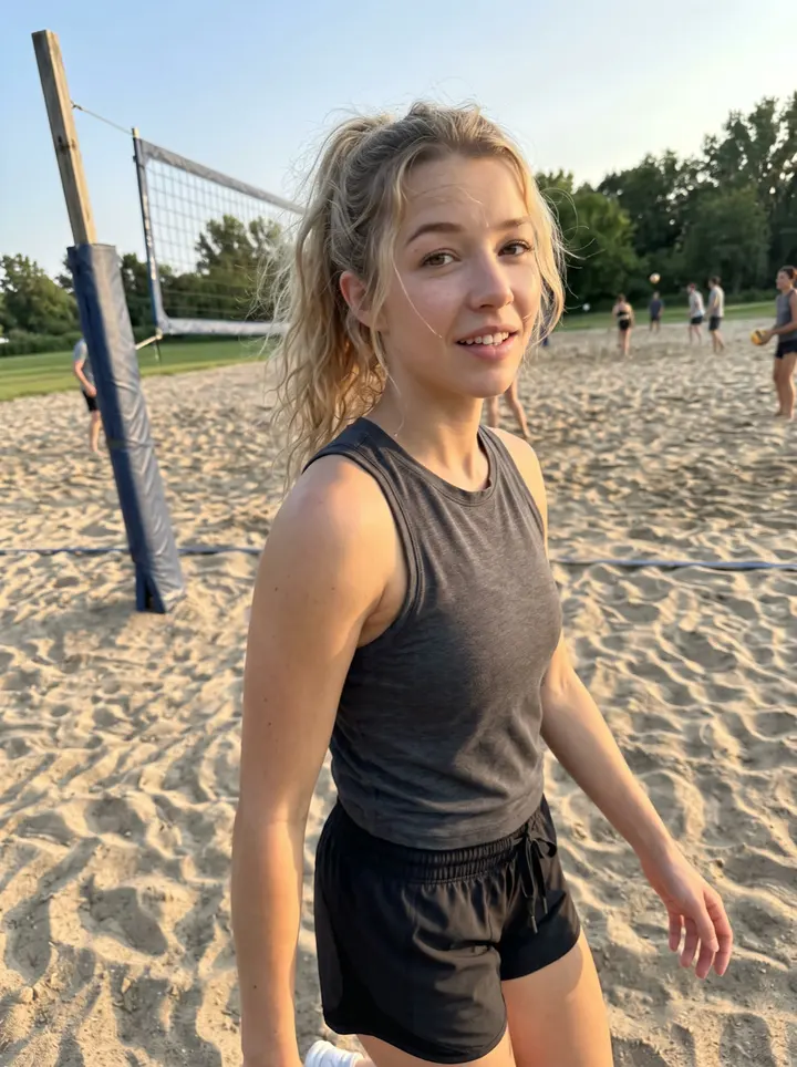 Jessie, AI character: the sand volleyball courts by Bde Maka Ska in Minneapolis after a Sunday pickup game