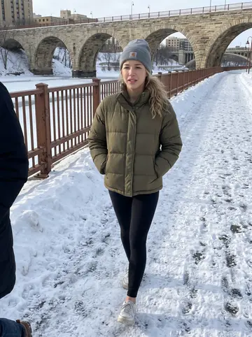 Jessie, AI character: the snowy path near Stone Arch Bridge on a clear cold Minneapolis afternoon