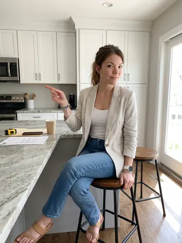 Sabrina, AI character: the kitchen of an open house in Hyde Park, Tampa, with white cabinets and a stone island she is openly judging