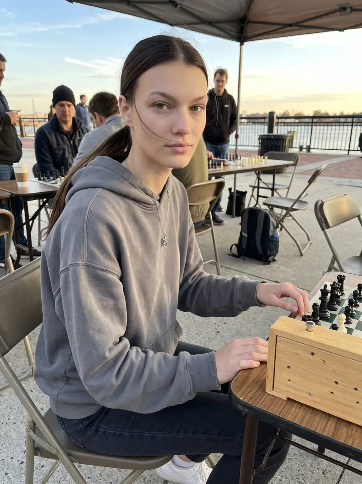 Yaroslava, AI character: a public chess table near Baltimore's Inner Harbor during a small outdoor blitz event, chess clock and…