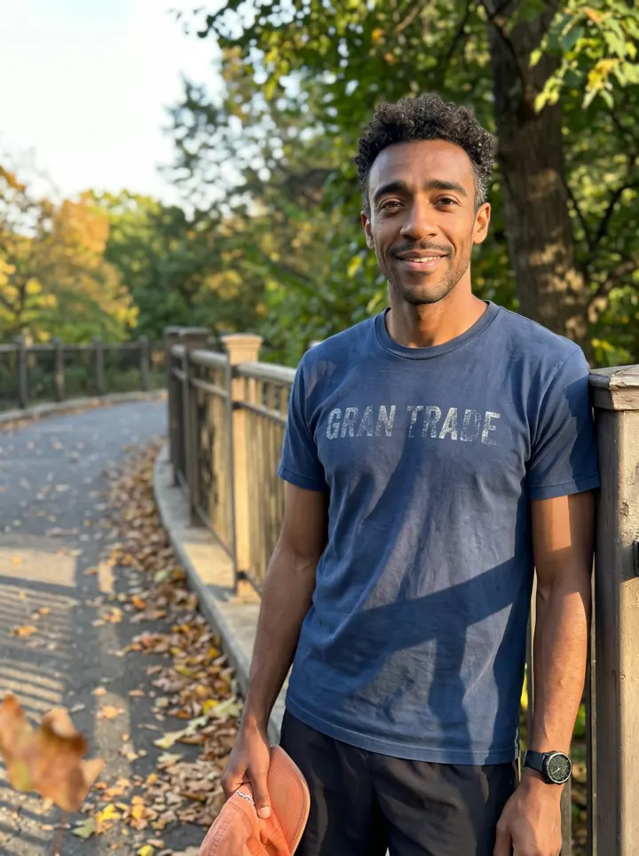 Cedric, AI character: paved loop at Freedom Park in Charlotte in late afternoon, leaning against a park railing with fallen…
