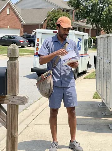 Cedric, AI character: a tree-lined residential street of brick bungalows in Charlotte, standing at a row of mailboxes with the…
