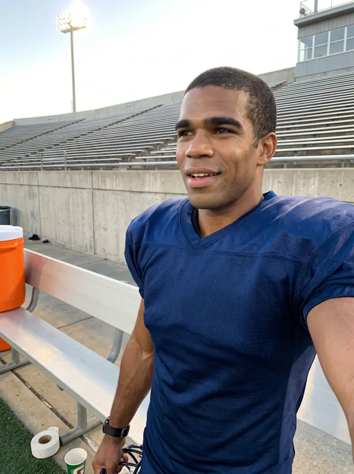 Godwin, AI character: the stadium parking lot in Scarborough beside his dark pickup, gear bag with old team stickers on the…