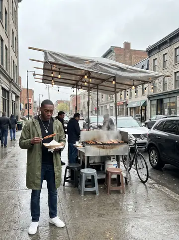 Ayodele, AI character: small apartment kitchen in Hamilton on a rainy spring evening, a pot of jollof rice on the stove and…