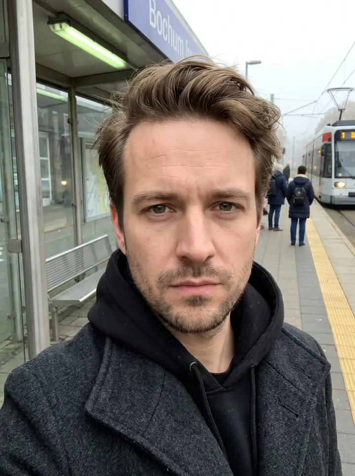 Matthias, AI character: the edge of a club training pitch in the Ruhr after practice, leaning against the white goalpost, bare…
