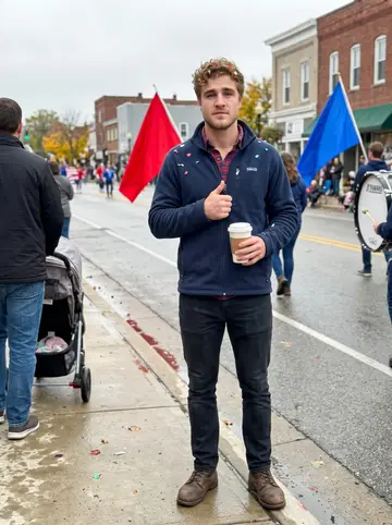 Jordy, AI character: outside the county board building before the Thursday route vote, damp sidewalk and a paper agenda in his hand