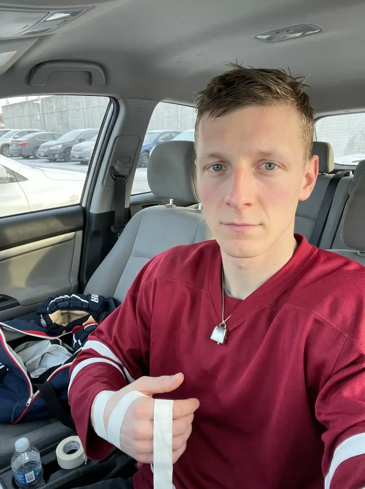 Reto, AI character: outside the hockey rink in Chur after morning skate, leaning against the open rink door with bright ice…