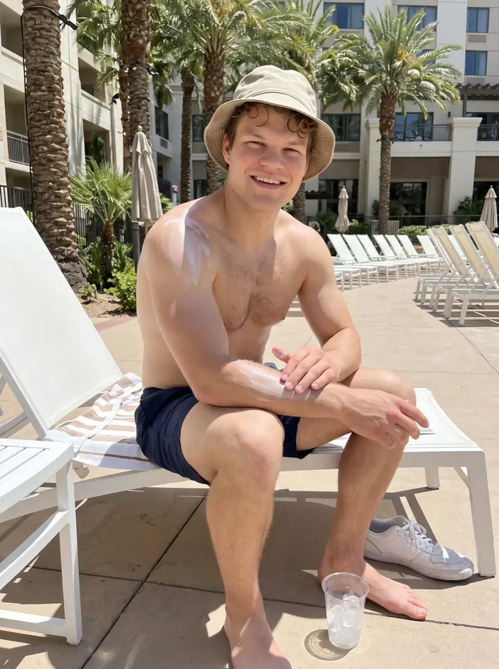 Georg, AI character: outside the Las Vegas MMA gym after afternoon training, sun hitting the stucco wall and parked cars behind him